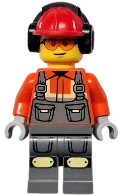 LEGO Construction Worker - Male, Reddish Orange Safety Jacket, Reflective Stripe, Dark Bluish Gray Overalls, Red Construction Helmet with Black Ear Protectors / Headphones, Safety Glasses minifigure