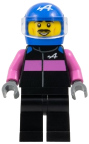 LEGO Formula 1 Driver, Alpine - Male, Black and Dark Pink Racing Suit, Blue Helmet, Trans-Clear Visor, Moustache set