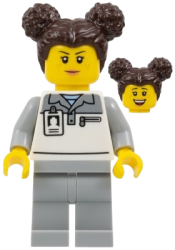 LEGO Formula 1 Mechanic - Female, Light Bluish Gray and White Polo Shirt, Light Bluish Gray Legs, Dark Brown Hair with Buns, Freckles set