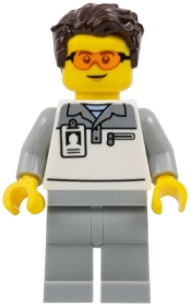 LEGO Formula 1 Mechanic - Male, Light Bluish Gray and White Polo Shirt, Light Bluish Gray Legs, Dark Brown Tousled Hair, Safety Glasses set