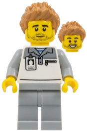 LEGO Formula 1 Mechanic - Male, Light Bluish Gray and White Polo Shirt, Light Bluish Gray Legs, Medium Nougat Spiked Hair, Stubble set