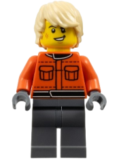 LEGO Formula 1 Race Crew Member - Male, Reddish Orange Racing Suit with Pockets, Dark Bluish Gray Legs, Tan Tousled Hair, Scuff Mark set