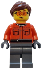 LEGO Formula 1 Race Crew Member - Female, Reddish Orange Racing Suit with Pockets, Dark Bluish Gray Legs, Reddish Brown Hair, Safety Glasses set