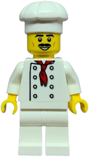 LEGO Pizza Slice Soapbox Race Car Driver (Chef) - Male, White Torso with 8 Buttons, No Wrinkles Front or Back, White Legs, White Chef Toque, Moustache set