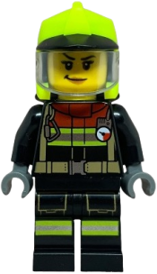 LEGO Fire Truck Soapbox Race Car Driver (Firefighter) - Female, Black Jacket and Legs with Reflective Stripes and Red Collar, Neon Yellow Fire Helmet, Trans-Clear Visor set