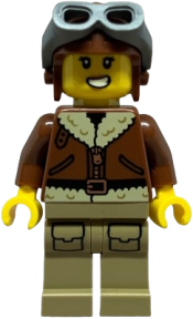 LEGO Airplane Soapbox Race Car Driver (Pilot) - Female, Reddish Brown Aviator Jacket, Dark Tan Legs with Pockets, Aviator Cap, Dark Bluish Gray Goggles set