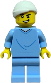 LEGO Hospital Bed Soapbox Race Car Driver (Patient) - Male, Bright Light Blue Hospital Gown and Legs, White Head Bandage, Scuff Mark set