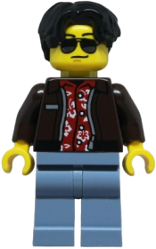 LEGO Sports Car Driver - Male, Dark Brown Jacket over Red Hawaiian Shirt, Sand Blue Legs, Black Hair Wavy, Sunglasses set