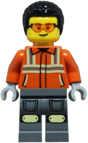 LEGO Construction Worker - Male, Reddish Orange Safety Jacket with Reflective Stripes, Dark Bluish Gray Legs with Knee Pads, Black Coiled Hair, Safety Glasses set