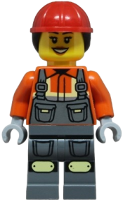 LEGO Construction Worker - Female, Dark Bluish Gray Overalls over Reddish Orange Safety Jacket with Reflective Stripes, Dark Bluish Gray Legs with Knee Pads, Red Construction Helmet with Dark Brown Ponytail Hair, Open Mouth Smile set