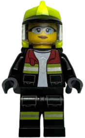 LEGO Fire - Female, Black Open Jacket and Legs with Reflective Stripes and Red Collar, Neon Yellow Fire Helmet, Trans-Clear Visor set