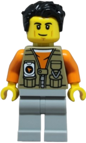 LEGO Adventurer - Male, Dark Tan Vest over Orange Shirt, Light Bluish Gray Legs, Black Hair set