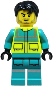 LEGO Paramedic - Male, Dark Turquoise and Neon Yellow Safety Vest, Legs with Silver Reflective Stripes, Black Hair set