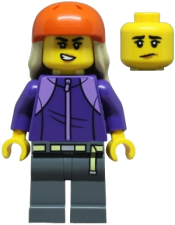 LEGO Skateboarder - Female, Dark Purple Tracksuit, Dark Bluish Gray Legs, Reddish Orange Sports Helmet, Tan Long Hair set