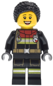 LEGO Fire - Female, Black Jacket and Legs with Reflective Stripes and Red Collar, Black Hair Braided with Knot Bun, Freckles set