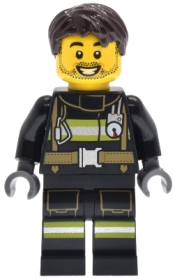 LEGO Fire - Male, Black Jacket and Legs with Reflective Stripes, Dark Brown Hair, Stubble set