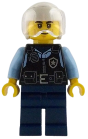 LEGO Police - City Officer Male, Black Safety Vest with Silver Star Badge Logo, Dark Blue Legs, White Helmet, Trans-Clear Visor, Lopsided Grin set