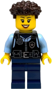 LEGO Police - City Officer Female, Black Safety Vest with Silver Star Badge Logo, Dark Blue Legs, Dark Brown Coiled Hair set