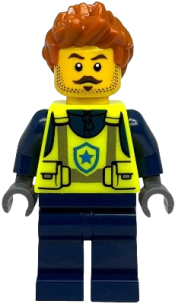 LEGO Police - City Officer Male, Neon Yellow Safety Vest, Dark Blue Legs, Dark Orange Spiked Hair set