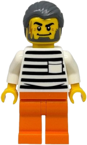 LEGO Police - City Jail Prisoner Male, White Shirt with Pocket and Black Stripes, Orange Legs, Dark Bluish Gray Hair set