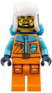 LEGO Arctic Explorer - Male, Orange and Medium Azure Jacket, Dark Blue Ushanka Hat, Black Beard, Glasses, Back Pack set