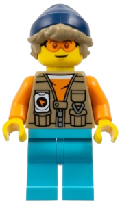 LEGO Arctic Explorer - Male, Dark Tan Vest over Orange Shirt, Medium Azure Legs, Dark Blue Beanie, Dark Tan Hair, Orange Glasses set