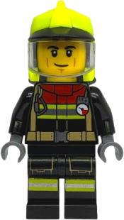 LEGO Fire - Male, Black Jacket and Legs with Reflective Stripes and Red Collar, Neon Yellow Fire Helmet, Trans-Clear Visor set
