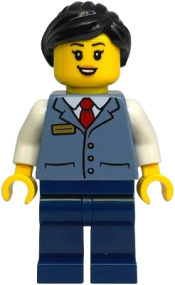 LEGO Train Driver - Female, Sand Blue Vest over White Shirt, Dark Blue Legs, Black Ponytail set