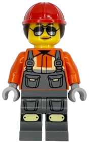 LEGO Construction Worker - Female, Dark Bluish Gray Overalls over Reddish Orange Safety Jacket with Reflective Stripes, Dark Bluish Gray Legs with Knee Pads, Red Construction Helmet with Dark Brown Ponytail Hair, Sunglasses set