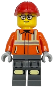 LEGO Construction Worker - Male, Reddish Orange Safety Jacket with Reflective Stripes, Dark Bluish Gray Legs with Knee Pads, Red Construction Helmet set