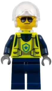 LEGO Police - City Officer Male, Neon Yellow Safety Vest, Dark Blue Legs, White Flight Helmet, Trans-Clear Visor, Neck Bracket set
