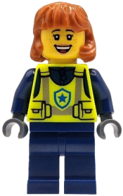 LEGO Police - City Officer Female, Neon Yellow Safety Vest, Dark Blue Legs, Dark Orange Mid Length Hair set
