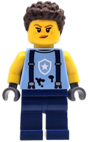 LEGO Police Mechanic - Female, Bright Light Blue Shirt with Suspenders, Black Splotches and White Star Badge Logo, Dark Blue Legs, Dark Brown Coiled Hair set