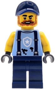 LEGO Police Mechanic - Male, Bright Light Blue Shirt with Suspenders, Black Splotches and White Star Badge Logo, Dark Blue Legs and Cap, Dark Orange Beard set
