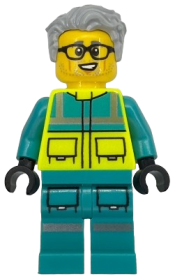 LEGO Paramedic - Male, Dark Turquoise and Neon Yellow Safety Vest, Legs with Silver Reflective Stripes, Glasses, Light Bluish Gray Hair set