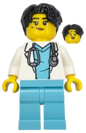 LEGO Doctor - Female, White Lab Coat with Stethoscope, Medium Azure Scrubs, Black Hair set