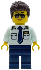 LEGO Air Ambulance Pilot - Male, Light Aqua Shirt with Tie, Dark Blue Legs, Dark Brown Hair, Sunglasses set