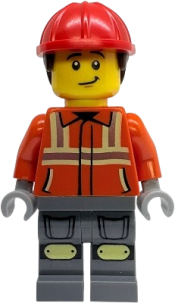 LEGO Construction Worker - Male, Reddish Orange Safety Jacket with Reflective Stripes, Dark Bluish Gray Legs with Knee Pads, Red Construction Helmet with Dark Brown Short Curly Hair set