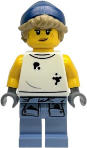 LEGO Tow Truck Operator - Female, White Sleeveless Shirt with Oil Stains, Sand Blue Legs with Shirt Sleeves with Oil Stains, Dark Blue Beanie, Dark Tan Hair set