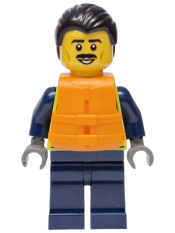 LEGO Police - City Officer Male, Neon Yellow Safety Vest, Dark Blue Legs, Black Combed Back Hair, Orange Life Jacket, Moustache set