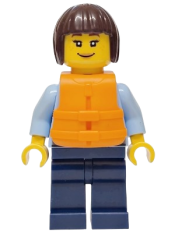 LEGO Police - City Officer Female, Bright Light Blue Uniform with Dark Bluish Gray Belt, Dark Blue Legs, Dark Brown Bob Cut Hair, Orange Life Jacket set