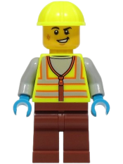 LEGO Train Worker - Male, Neon Yellow Safety Vest with Reflective Stripes, Reddish Brown Legs, Neon Yellow Construction Helmet set