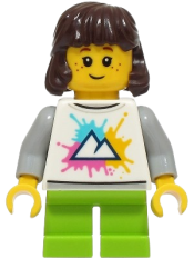 LEGO Child - Girl, White Shirt with Mountains Logo, Lime Short Legs, Dark Brown Hair set