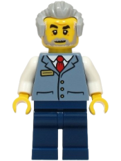 LEGO Station Master - Sand Blue Vest over White Shirt, Dark Blue Legs, Light Bluish Gray Hair set