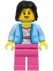 LEGO Passenger - Female, Bright Light Blue Jacket over White Shirt with Coral Flowers, Dark Pink Legs, Black Hair set