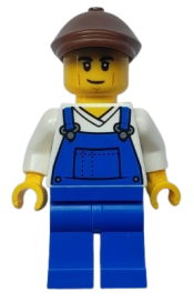 LEGO Farmer - Male, Blue Overalls over V-Neck Shirt, Blue Legs, Reddish Brown Flat Cap set