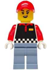 LEGO Fries Food Truck Vendor - Female, Black Vest, Sand Blue Legs, Red Cap set