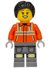 LEGO Construction Worker - Female, Reddish Orange Safety Jacket with Reflective Stripes, Dark Bluish Gray Legs with Knee Pads, Black Hair Braided with Knot Bun set
