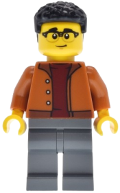 LEGO EV Supercar Driver - Male, Dark Orange Jacket, Dark Bluish Gray Legs, Black Coiled Hair set