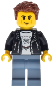 LEGO Hot Rod Driver - Male, Black Leather Jacket, Sand Blue Legs, Reddish Brown Hair set